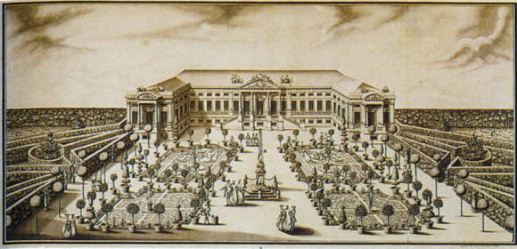 Kuskovo. Parterre in front of the northern facade of the Palace. Engraving