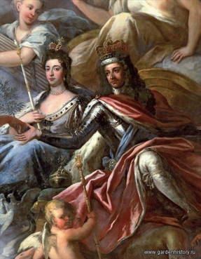III. Vilmos és II. Mária uralkodik Angliában. Falfestmény a Greenwich-palotában