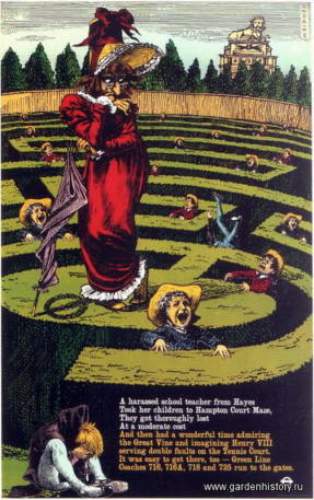 A Hampton Court Labyrinth borzalmai. Promóciós poszter a Londoni Közlekedési Rendszerhez. 1956