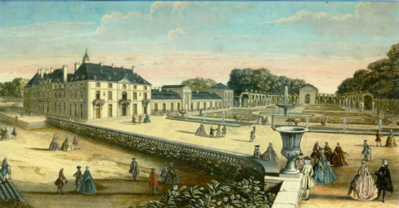 Dibujo con vista al castillo y pequeño parterre frente al invernadero (1736)