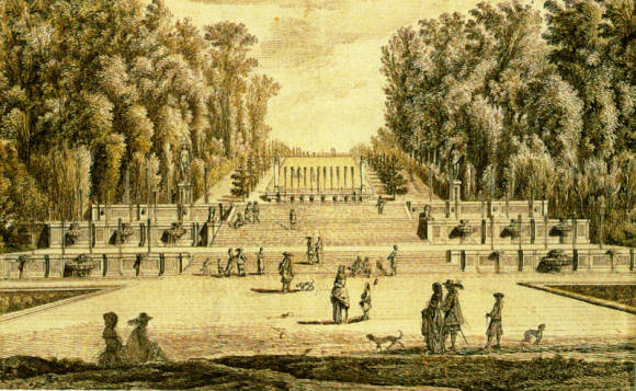 Vaux-le-Vicomte. Rytina s pohľadom na Vodnú mriežku v 17. storočí.